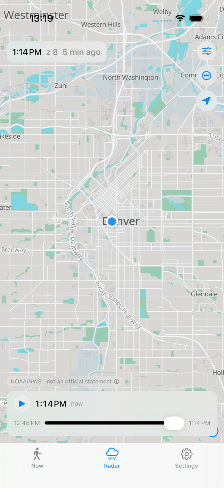 Radar view of the app over Denver with the timeline